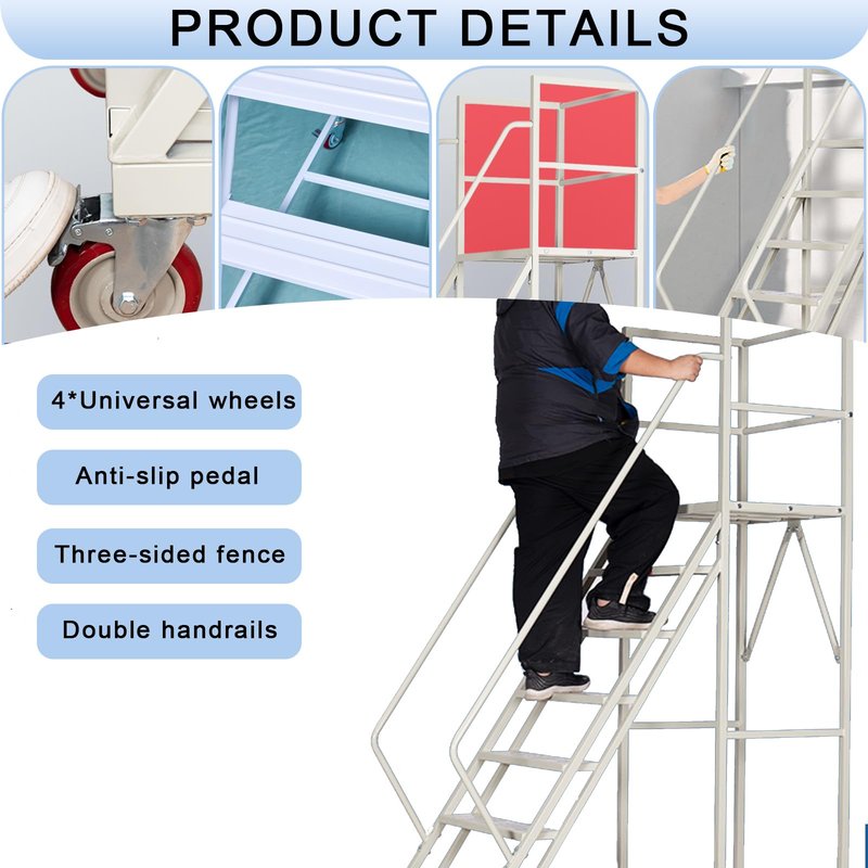 4-Step Rolling Warehouse Step Ladder, Lockable Wheels, Non-Slip Wide Steps, Dual Handrails, Movable Platform Ladder, Rolling Stairs for Warehouse, Supermarket, Library (White, 4 Steps)