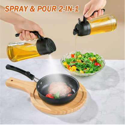JULEHUI With Stickers 16oz Olive Oil Sprayer for Cooking - 2 in 1 Spray & Pour Olive Oil Dispenser - 470ml Glass Spray Oil Bottle - Kitchen Gadgets