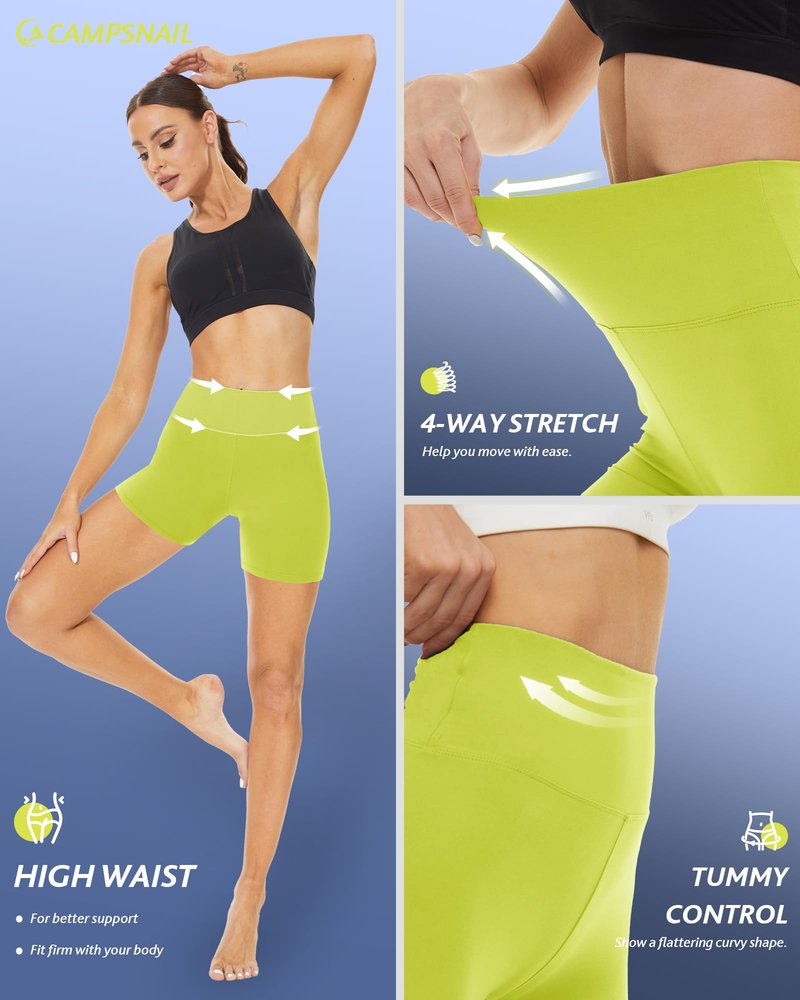 CAMPSNAIL Workout Biker Shorts Women - 3"/5"/8" High Waisted Tummy Control Spandex Booty Volleyball Shorts for Yoga Dance Neon Yellow