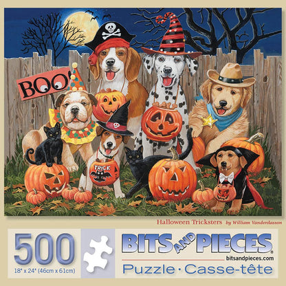 Bits and Pieces – 500 Piece Jigsaw Puzzle for Adults – Halloween Tricksters - Fall Night Holiday Dog Puppy Cat Pumpkin Fence Moon Costume Jigsaw Puzzle by Artist William Vanderdasson