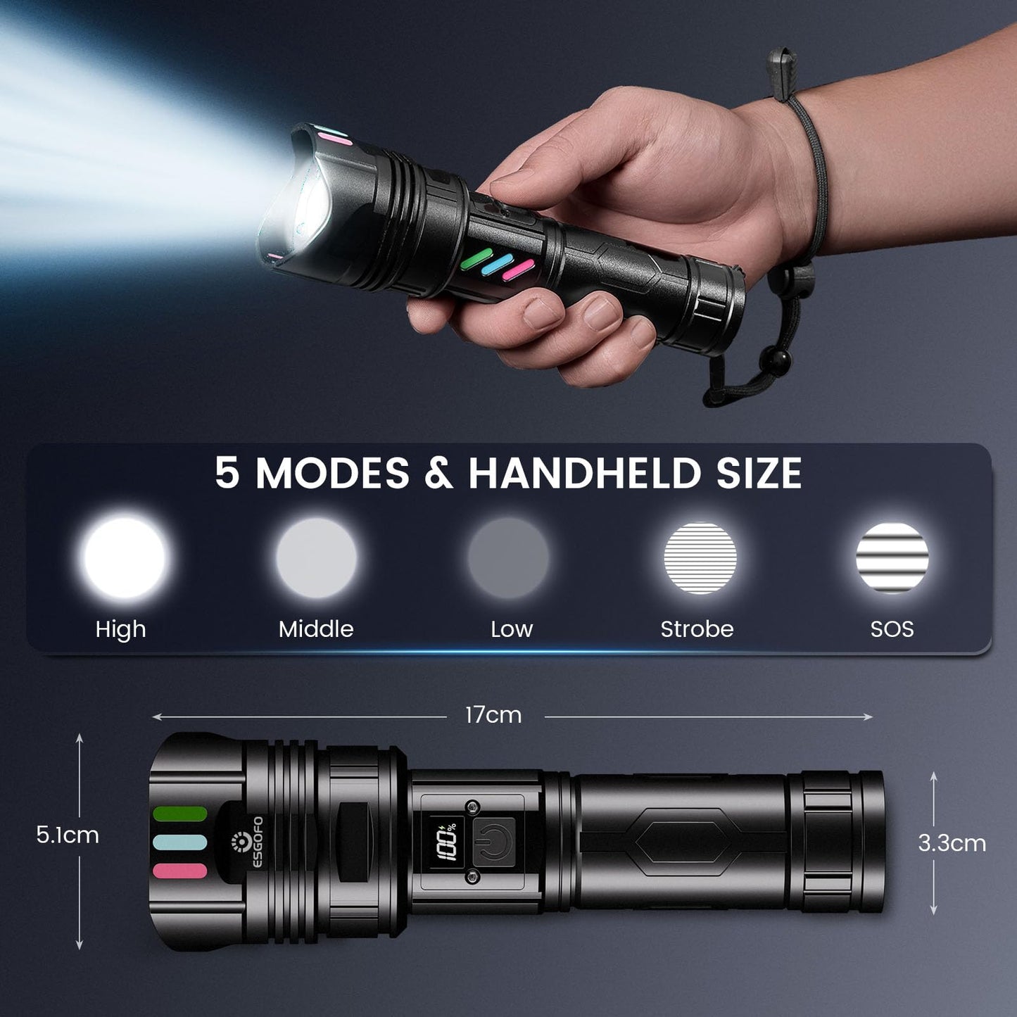Esgofo Super Bright Flashlight 2000 High Lumens Rechargeable,Powerful Long Distance 3280ft Strong LED Flash Lights,Long Lasting 10H LCD Digital USB Discharging Function,Focus & Brightness Adjustable