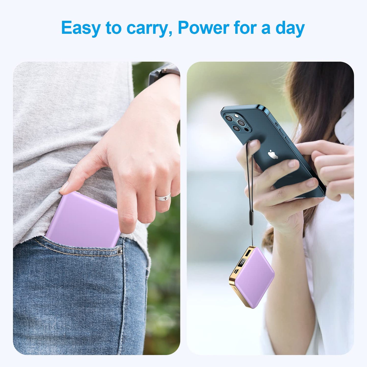 Portable Charger with Built-in Cable,12000mAh 22.5W Fast Charging Small Power Bank,USB C Input/Output with Smart LED Display,External Battery Pack for iPhone,Tablet,Samsung