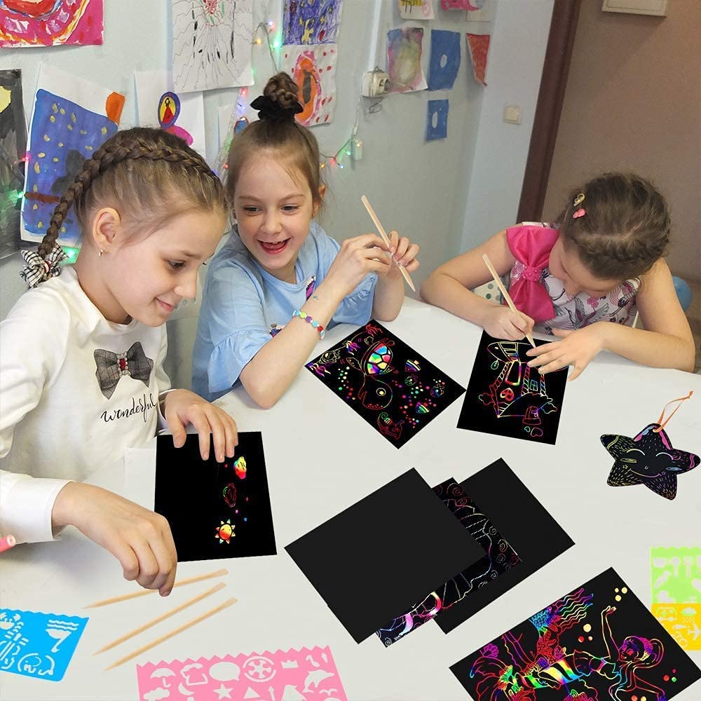 Mocoosy 60 PCS Rainbow Scratch Art Paper for Kids, Magic Scratch Paper Set Art Craft Supplies, Black Scratch Sheets Party Game Activities Christmas Birthday Gifts Girls Boys 3 4 5 6 7 8 9 10 Years Old