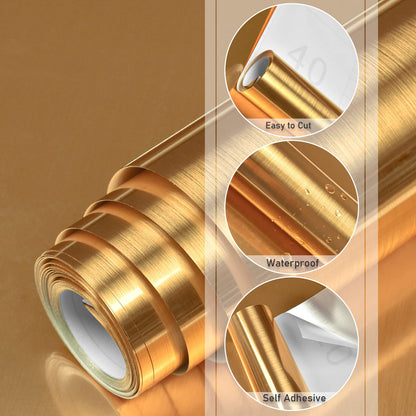 Cohoo Home Gold Stainless Steel Contact Paper for Appliances Gold Brushed Metal Look Wallpaper Stainless Steel Peel and Stick Self-Adhesive Waterproof Wallpaper for DIY Cabinets Decor 17.7inW 197inL