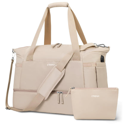 ETRONIK Gym Bag Womens, Travel Duffel Bag, Easyjet Cabin Bag 45x36x20 Underseat, Weekend Bag with Shoes Compartment, Hospital Bag with Wet Pocket & USB Charging Port, Overnight Sports Bag, Khaki
