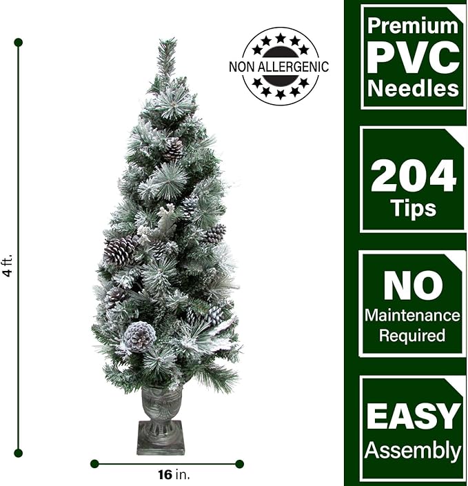 Fraser Hill Farm 4-Ft. Christmas Snow Flocked Porch Trees with Oversized Pinecones, Set of 2