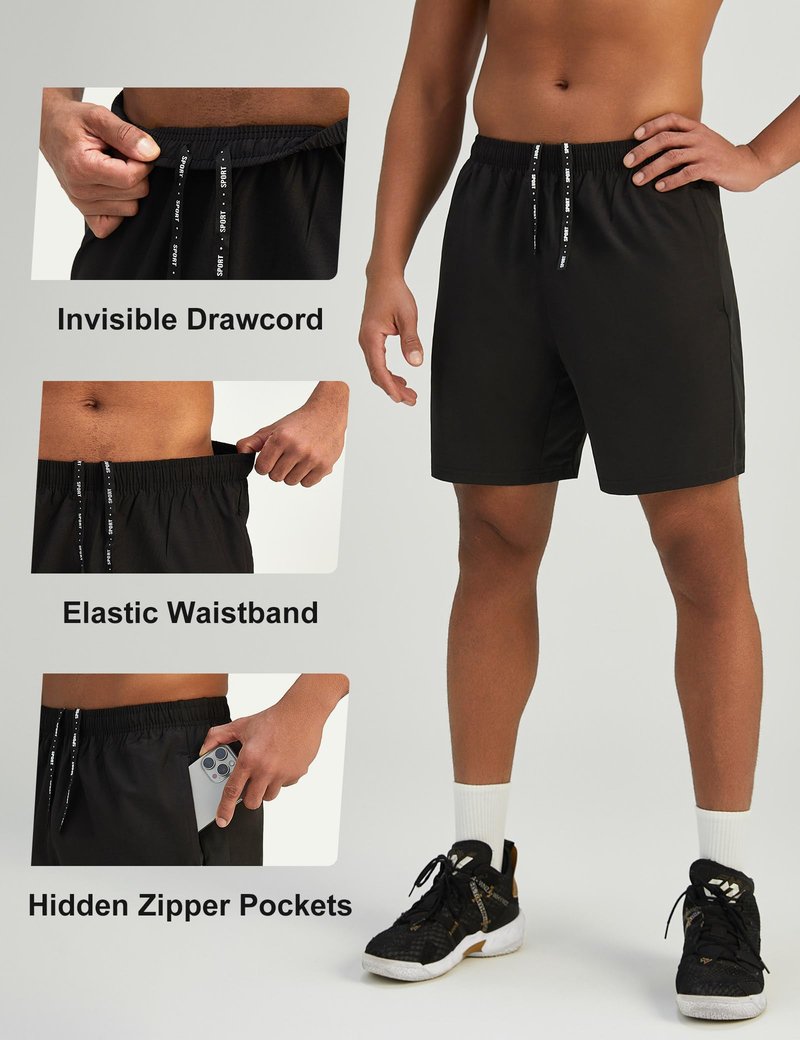 Pesfix Mens 7'' Lightweight Athletic Shorts Quick Dry Gym Workout Running Shorts with Zipper Pockets Black,Large