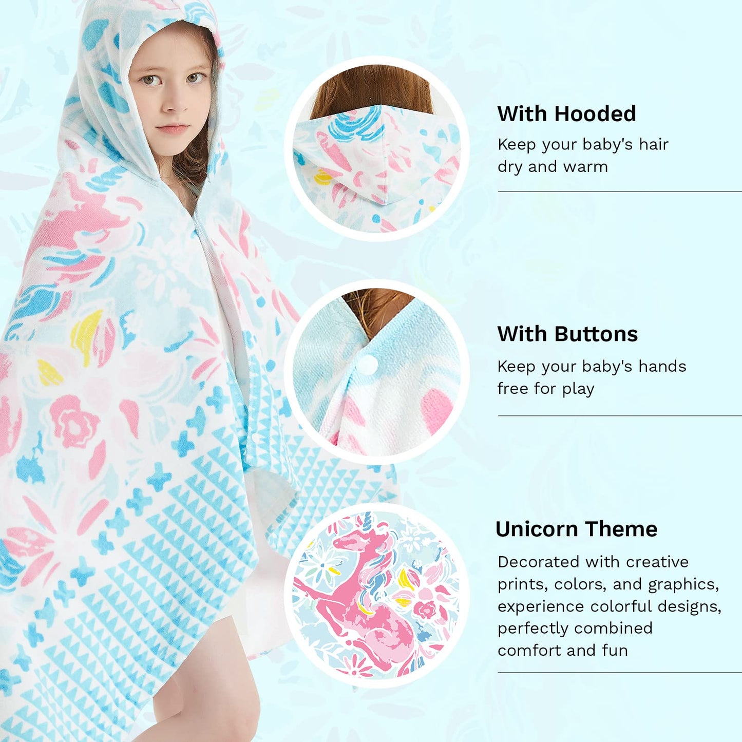 Girls' Hooded Bath Towel, Oversized 50" L x 30" W for Ages 3 to 12 Kids, Quick Dry Lightweight Soft Microfiber Hood Beach Towel Cover Up, Sunshine Unicorn Theme