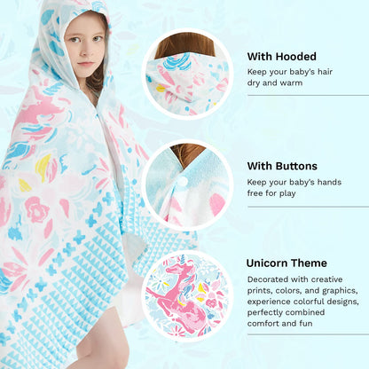 Girls' Hooded Bath Towel, Oversized 50" L x 30" W for Ages 3 to 12 Kids, Quick Dry Lightweight Soft Microfiber Hood Beach Towel Cover Up, Sunshine Unicorn Theme