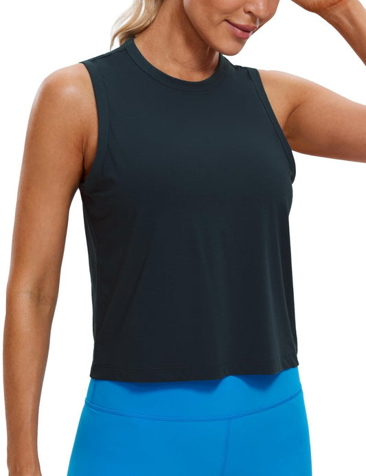 CRZ YOGA Pima Cotton High Neck Cropped Tank Tops for Women Soft Crop Workout Athletic Yoga Basic Sleeveless Shirts True Navy Medium