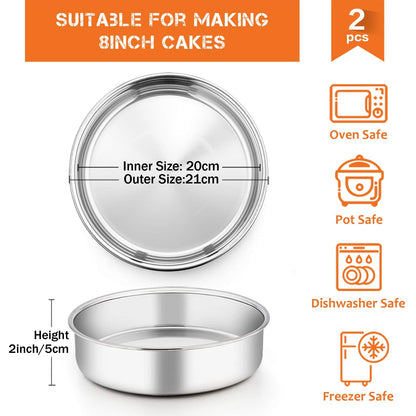 Homikit 8 Inch Round Cake Tin Set of 3, Stainless Steel Cake Mold Layer Cake Tins for Baking, Christmas Birthday Wedding Cake Pan Bakeware Set, Healthy & Mirror Finished & Dishwasher Safe