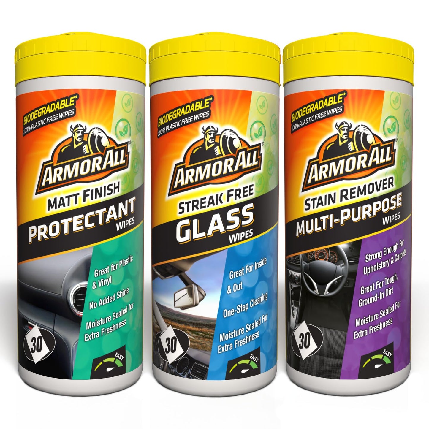 Armor All, Car Interior Cleaning Wipes, Triple Pack for Dashboard, Glass & All Around Interior, 90 Biodegradable Wipes (Set of 3x30 Plastic Free Wipes), Ideal for Car Detailing, Made in the UK