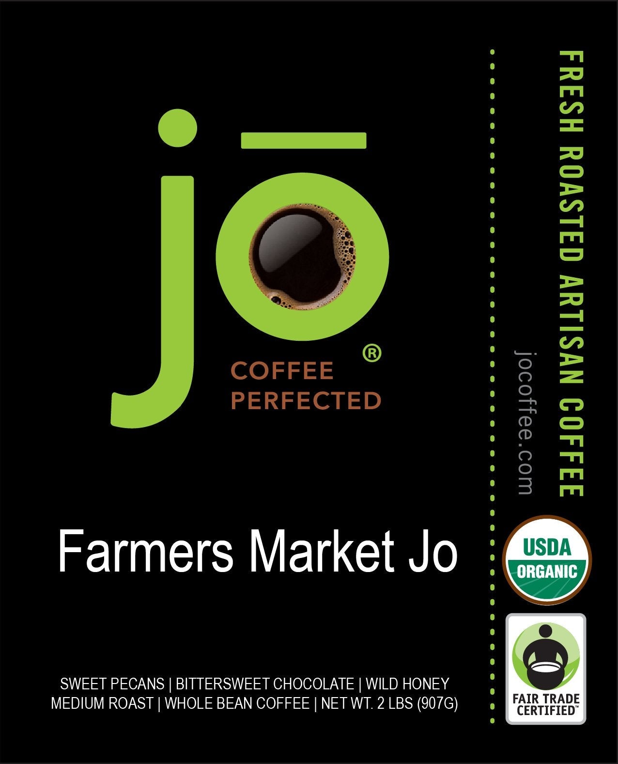 FARMERS MARKET JO: 2 lb, Organic Ground Coffee, Lighter Roast, 100% USDA Certified Organic, Fair Trade Certified, Kosher, Soft Velvet Feel, 100% Arabica Specialty Coffee, Non-GMO, Gluten Free