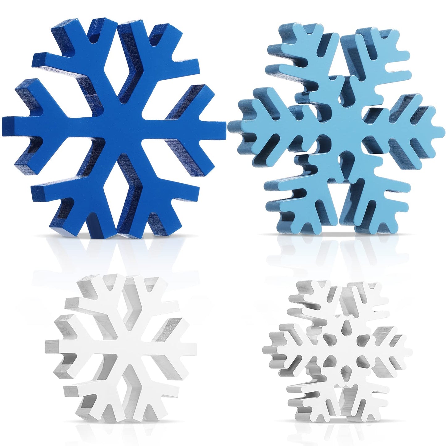Blulu 4 Pcs Winter Wooden Snowflakes Decor Tabletop Decorations Christmas Snowflake Signs Winter Wooden Xmas Standing Table Sign Christmas Fireplace Decoration for Party Birthday(White and Blue)