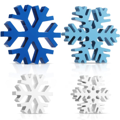 Blulu 4 Pcs Winter Wooden Snowflakes Decor Tabletop Decorations Christmas Snowflake Signs Winter Wooden Xmas Standing Table Sign Christmas Fireplace Decoration for Party Birthday(White and Blue)