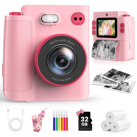 Instant Print Camera for Kids - 1080P HD Toddler Digital Camera for 3 4 5 6 7 8 9 10 Year Old Girls Boys, Christmas Birthday Gift with 32GB SD Card, Selfie Mode, Portable Travel Toy, Fun Filters- Pink