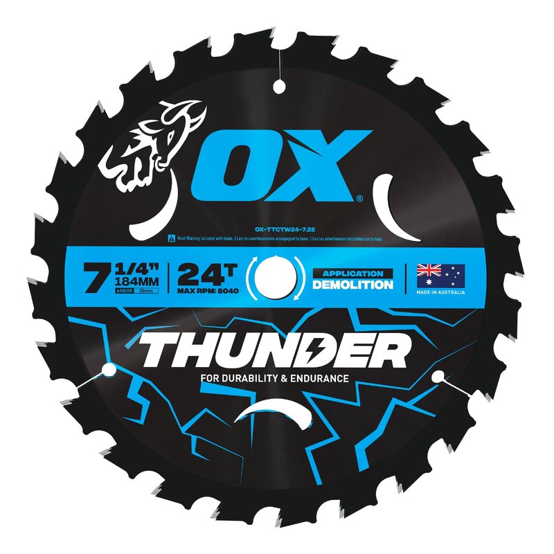 OX Pro Thunder 7-1/4 Inch Circular Saw Blade for Wood Cutting | Professional 24 Tooth Carbide Construction with 5/8 Bore - Saw Blades Compatible with Skill Saw & Table Saw Anti Friction Finish