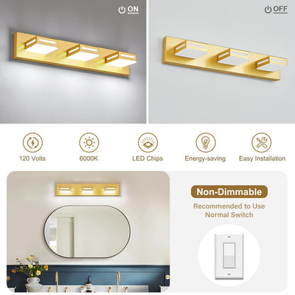 Donrao 24-Inch 3-Light LED Modern Gold Bathroom Vanity Light Fixtures Over Mirror, Bathroom Lighting Fixtures with Cool White 6000K, Vanity Wall Lights for Bath Restroom Powder Room