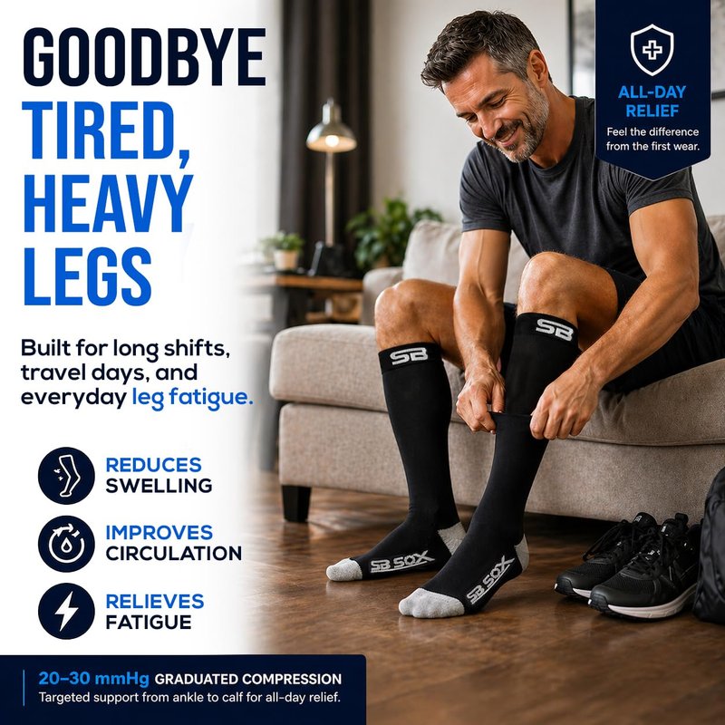 SB SOX Compression Socks for Men & Women (20-30mmHg) – Best Compression Socks for Flying, Medical, Sports, Wide Calf Fit, and Daily Wear (Black/Gray, Large)