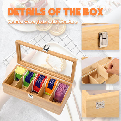Bamboo Tea Bag Organizer Storage Box, 5 Compartments Bamboo Tea Box, Teabag Box Organizer with Clear Lid, Teabox Station Display, Portable Tea Bag Holder for Home Office Spices