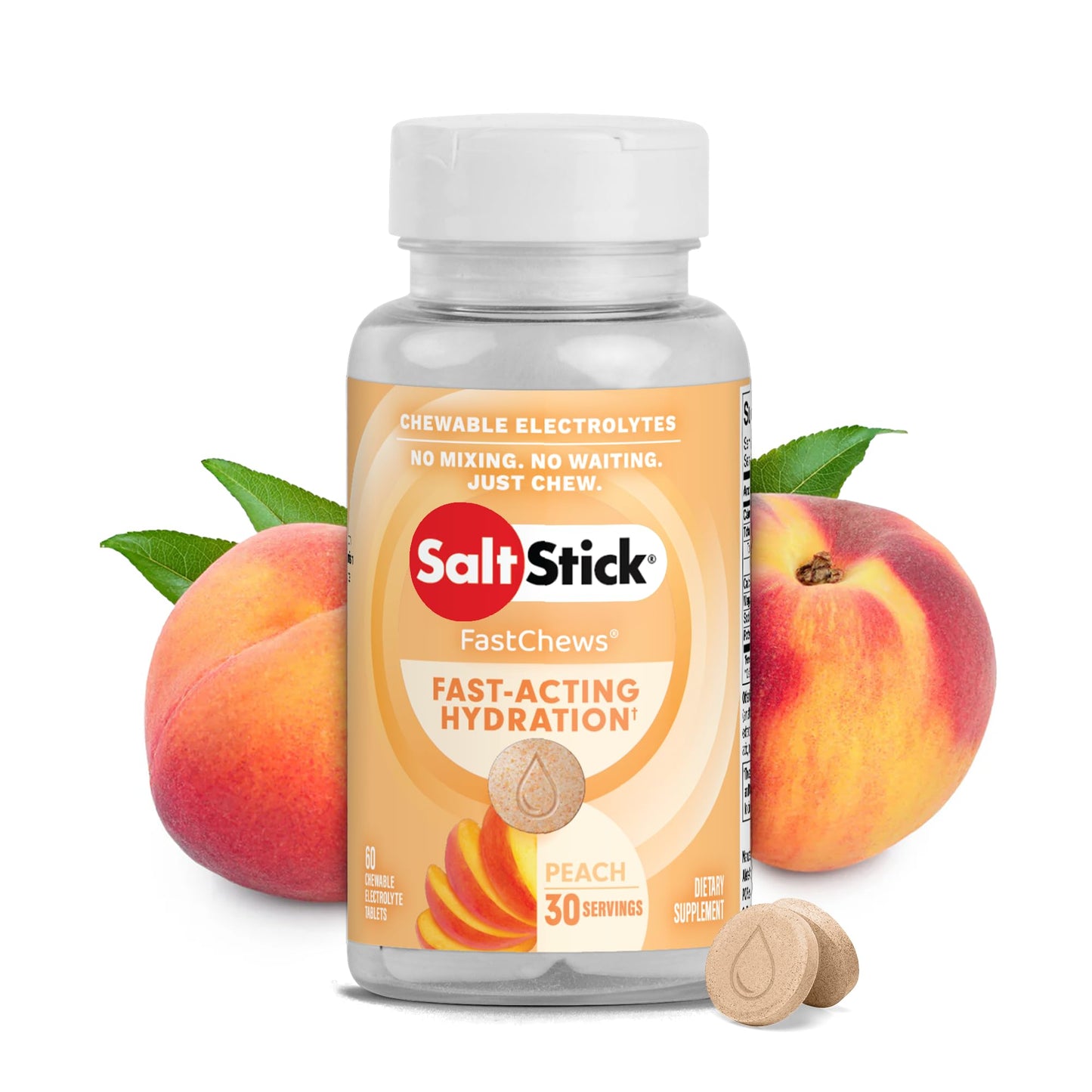 SaltStick FastChews Electrolytes - 60 Chewable Electrolyte Tablets - Salt Tablets for Running, Fast Hydration, Leg Cramps Relief, Sports Recovery - Non-GMO, Vegan, Gluten Free (Peach)