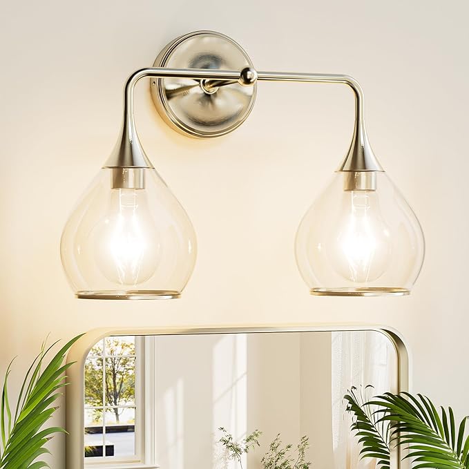TETOTE 2-Light Modern Bathroom Light Fixtures, 2 Light Vanity Lights Over Mirror Brushed Nickel Wall Lamp with Clear Glass for Bathroom, Mirror, Living Room, Bedroom, Hallway