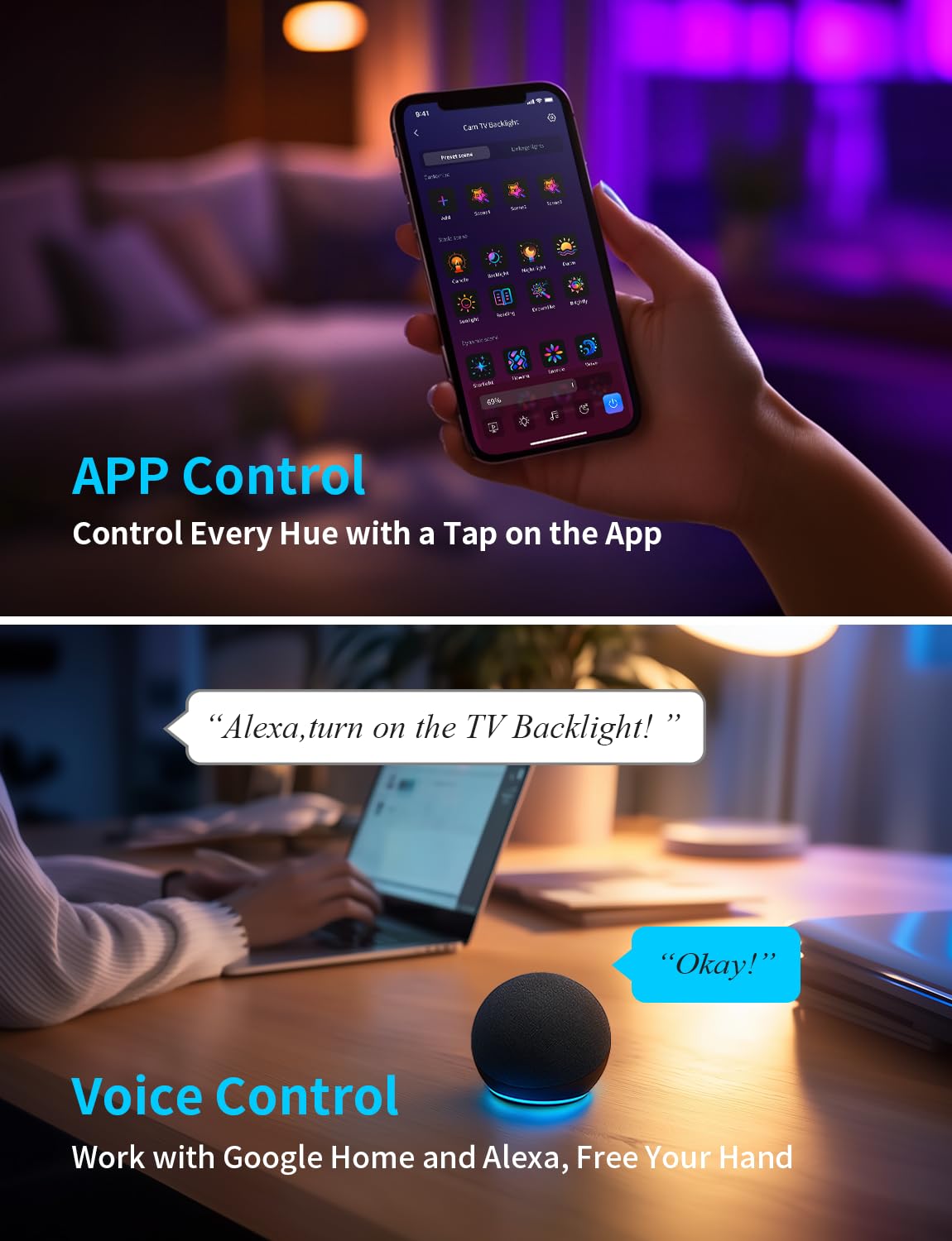 Ailofy Smart TV LED Backlight with Camera for 40-50 inch Screens, 7.87ft LED Strip Lights Sync to Screen& Music, Color Changing Lights for TV Compatible with Alexa & Google Assistant, App Control