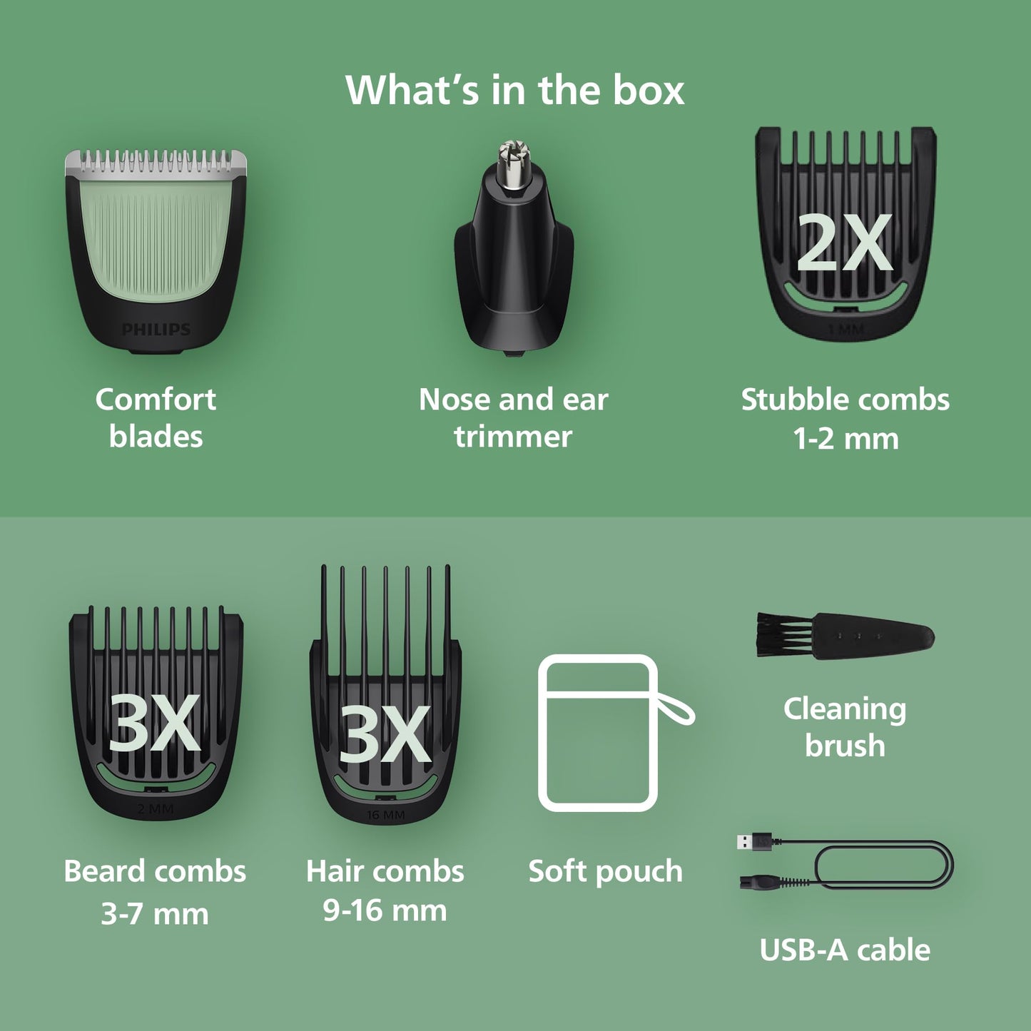 Norelco Philips Multigroom 3000 Series, All-in-One Trimmer, Beard Trimmer and Hair Clipper, 15-Piece Men's Grooming Kit for Head, Beard, Face, Nose, Ears, No Blade Oil Needed, Soft Pouch, MG3770/40