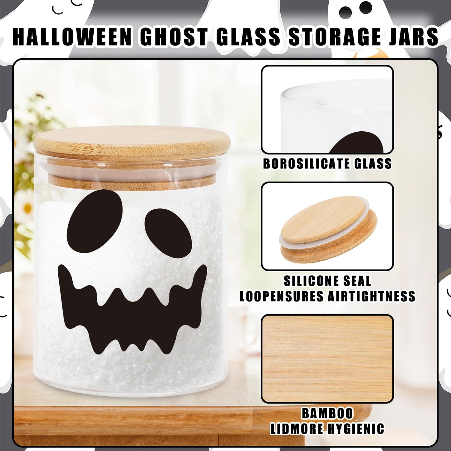 JarThenaAMCS 3Pcs Halloween Glass Storage Jars with Airtight Bamboo Lid Ghost Decorative Clear Food Storage Canisters Sets for Home Kitchen Countertop Decoration