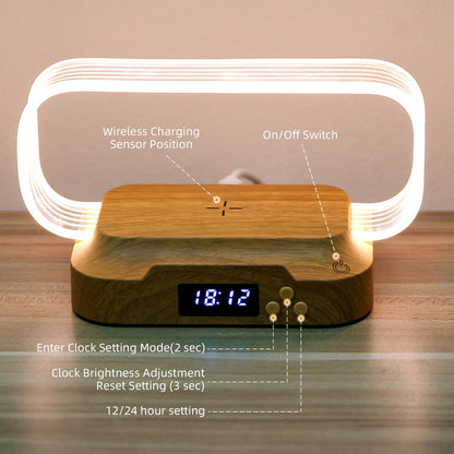 Hiwoor Bedside Table Lamp with 15w Wireless Charger, Touch Control LED Table Lamp with Clock and Phone Stands, Reading lamp 3 Modes and Stepless Dimming for Night lamp for Kids and Adults