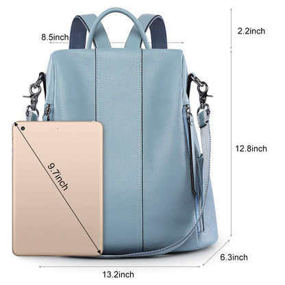 S-ZONE Women Soft Leather Backpack Anti-theft Purse Ladies Waterproof Rucksack School Bag (Blue)