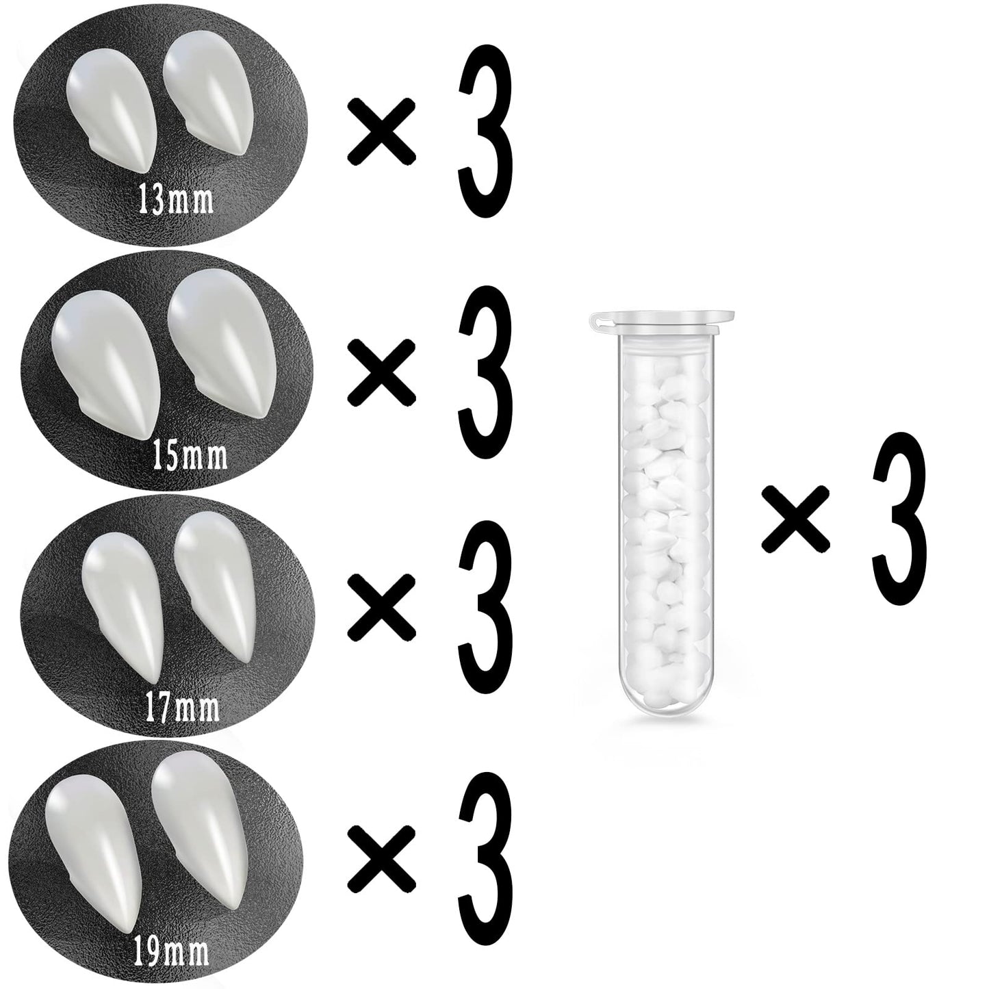 12 Pairs Vampire Teeth for Cosplay-4 Size Fake Fangs with 3 Tube Solid Adhesive for Halloween Props, Anime Party Dress Up Costume Masquerade Accessory Gift for Christmas Party