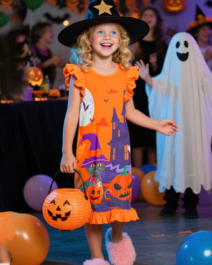 Sylfairy Girls Halloween Nightgown, Cat Toddler Nightgown Princess Pajama Dresses for Girls Sleepwear Nightie Orange 8 Years 9 Years