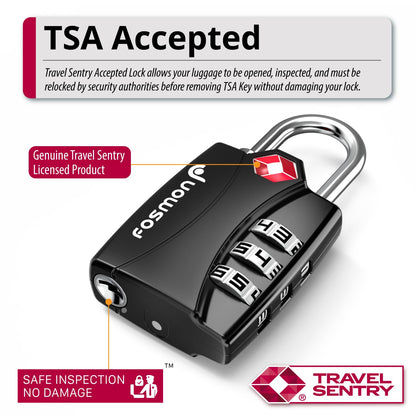 Fosmon TSA Approved Locks for Luggage. Suitcase Locks with Open Alert Indicator, 3 Digit Combination Padlock with Alloy Body for Travel, Backpack Zipper Anti Theft, Locker, Gym, Gun Case, Tent- 4 Pack