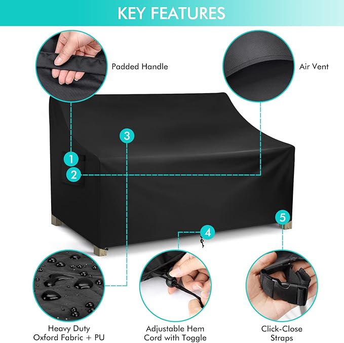 WLEAFJ Patio Sofa Cover Waterproof, 2-Seater Patio Loveseat Cover, Heavy Duty Outdoor Couch Cover, Outdoor Furniture Covers with Air Vent, 60’’ W x 34’’ D x 30’’ H