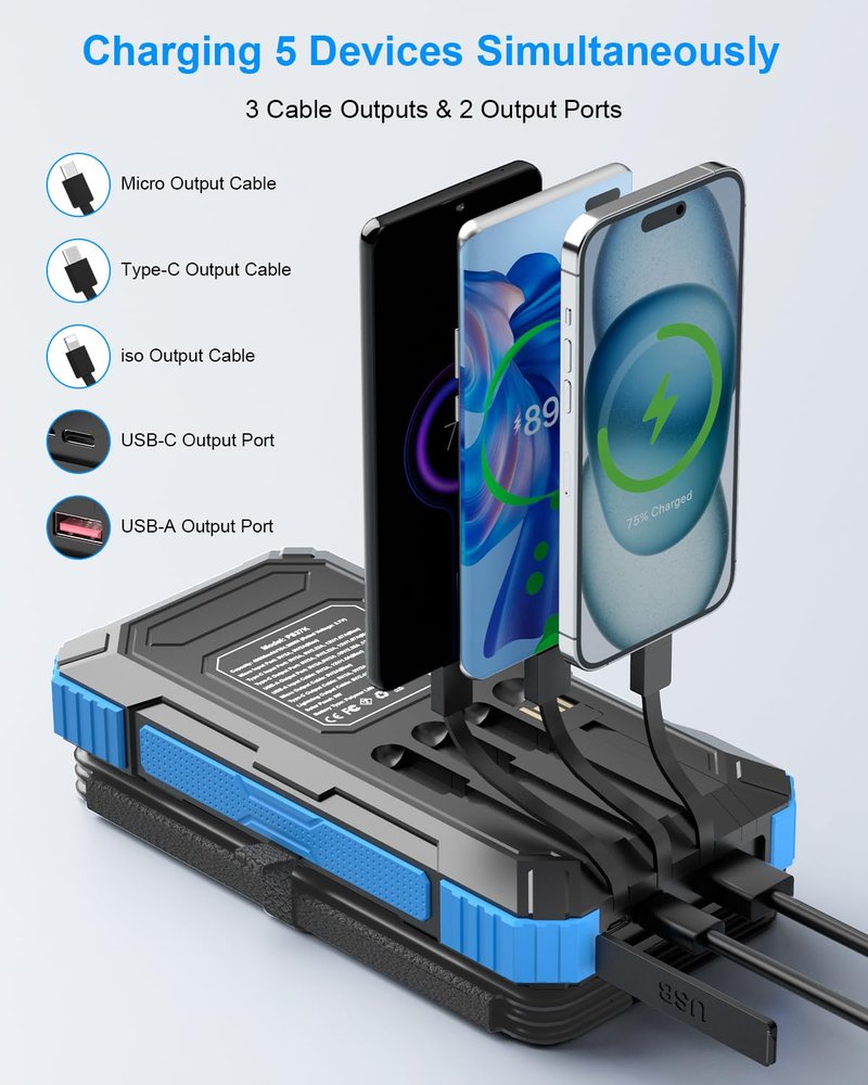 Kepswin Solar Charger Power Bank 49800mAh with 4 Built-in Cables & 3 Foldable Panels, PD22.5W Fast Portable Phone Charger, External Battery Pack with USB-C in/Output & Flashlight for Outdoor Camping