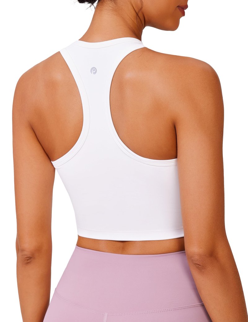 PINSPARK Racerback White Sports Bras for Women Wireless Padded Workout Tank Tops U Neck Longline Yoga Tops Built in Bra Light Support Medium,White