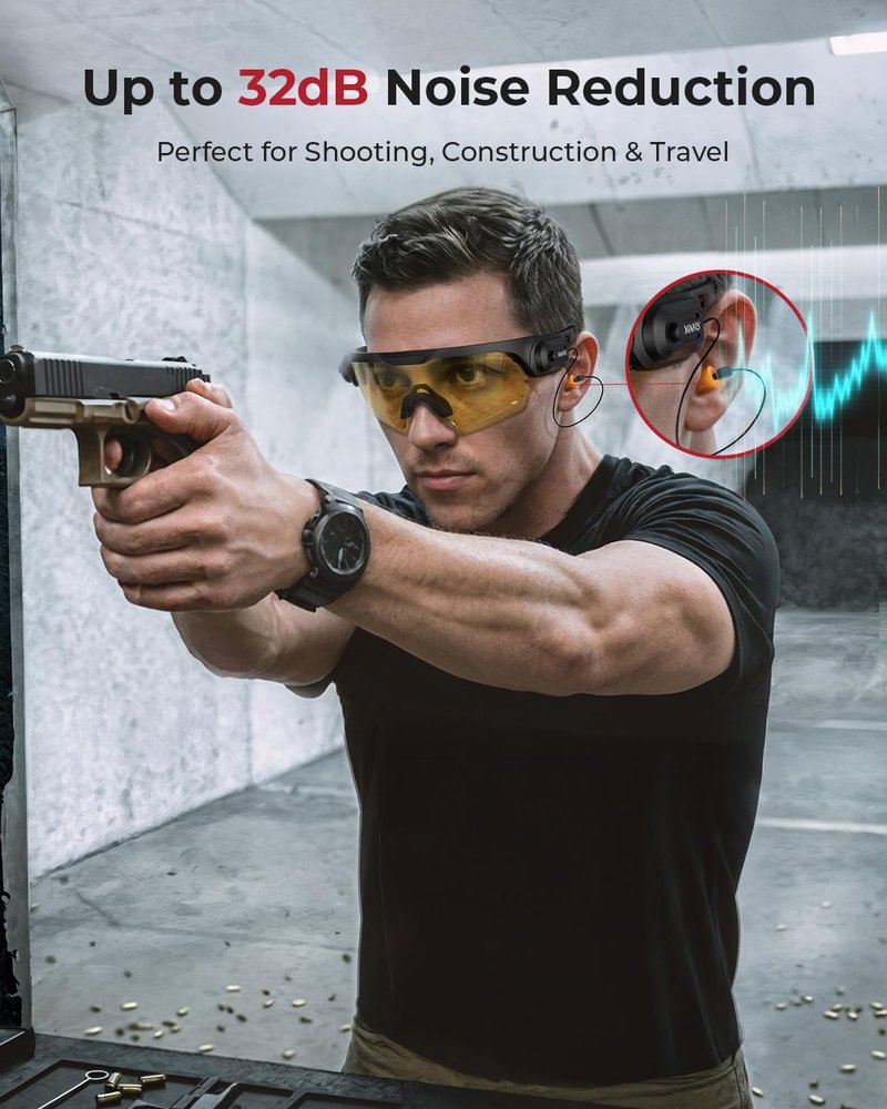 ONNAIS Shooting Glasses with Earplugs - ANSI Z87.1+ Safety Glasses with Detachable NRR 32dB Earplugs, Anti-Fog Eye Protection for Gun Range, Industrial Work, Cycling, Gifts for Men Women, Black