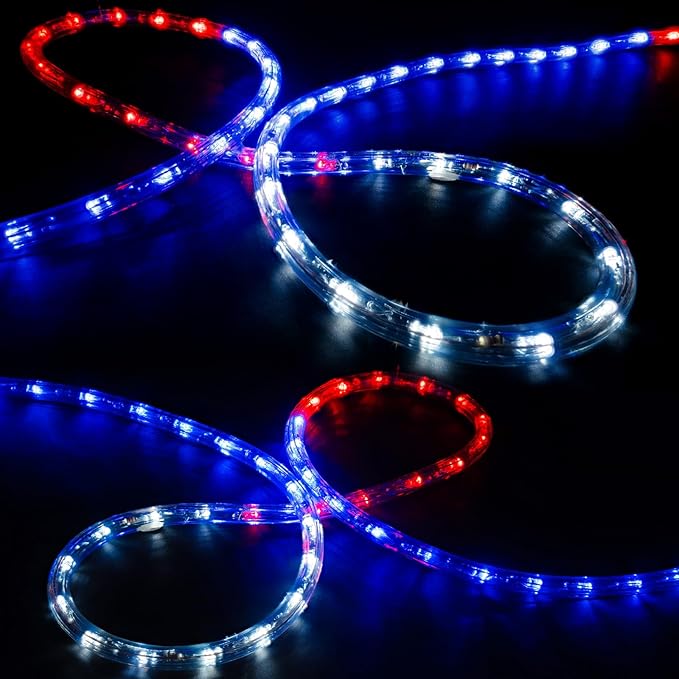 WYZworks 1116LEDs 100ft LED USA Patriotic American Red White Blue Outside Rope Lights, Outdoor ETL Certified Waterproof Permanent 360 Degree Light, Flexible Tube, Connectable, Palm Tree Exterior