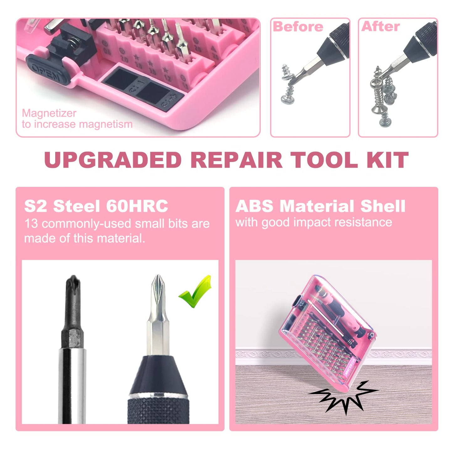 VCELINK Precision Screwdriver Set, 45 in 1 Magnetic Mini Screwdriver Kit, Tweezers & Extension Shaft for Toy, Phone, Tablet, Game Console Repairing, Pink Small Screw Driver Set Gift for Women