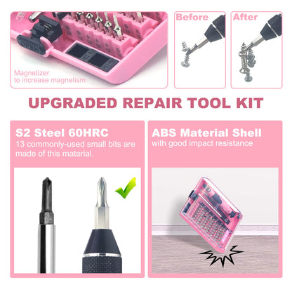 VCELINK Precision Screwdriver Set, 45 in 1 Magnetic Mini Screwdriver Kit, Tweezers & Extension Shaft for Toy, Phone, Tablet, Game Console Repairing, Pink Small Screw Driver Set Gift for Women