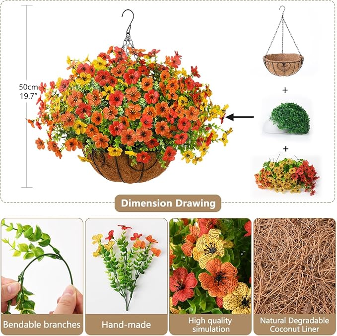 Artificial Faux Hanging Plants Flowers Basket for Fall Outdoor Decoration, Fake Silk Daisy in Planter Realistic UV Resistant Look Real for Porch Home Patio Balcony Yard(Red Orange Yellow)