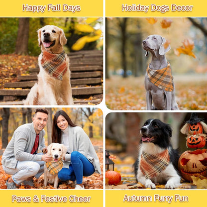 Vivifying Fall Dog Bandana, 2 Pack Halloween Thanksgiving Classic Plaid Dog Scarf with Tassels Edges, Funny Pet Apparel & Accessories Costume for Photo Prop, and Party Decor (Large, Yellow&Orange)