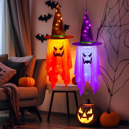 Minetom Halloween Lights Battery Operated, 2PC Large Hanging Witch Hats Lights, Total 40 LED, Glowing Ghost Witch Hat Light, Halloween Light Decoration for Outdoor Tree Indoor, Orange and Purple