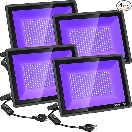 4 Pack 300W LED Black Flood Light, Outdoor with Plug and Switch, IP66 Waterproof Blacklight for Glow Party, Halloween, Fluorescent Poster, Body Paint, Aquarium
