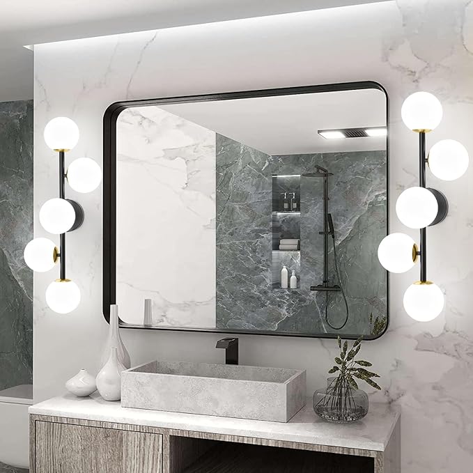Mid Century Modern Bathroom Vanity Lights, 5-Light Bathroom Light Fixtures Black and Gold Bathroom Lights Semi-Flush Mount Ceiling Light, Wall Sconces Wall Light with Globe Frosted Milk Glass, G9 Base