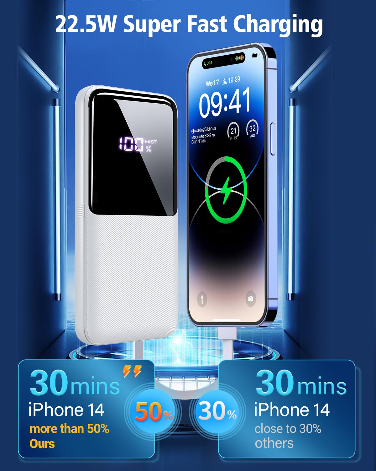 Portable Charger Power Bank - 15000mAh Fast Charging Powerbank Travel Camping Essential Battery Pack with Built in 22.5W Output Cable Compatible with iPhone 17 16 15 14 13 Samsung Google iPad, 1 Pack