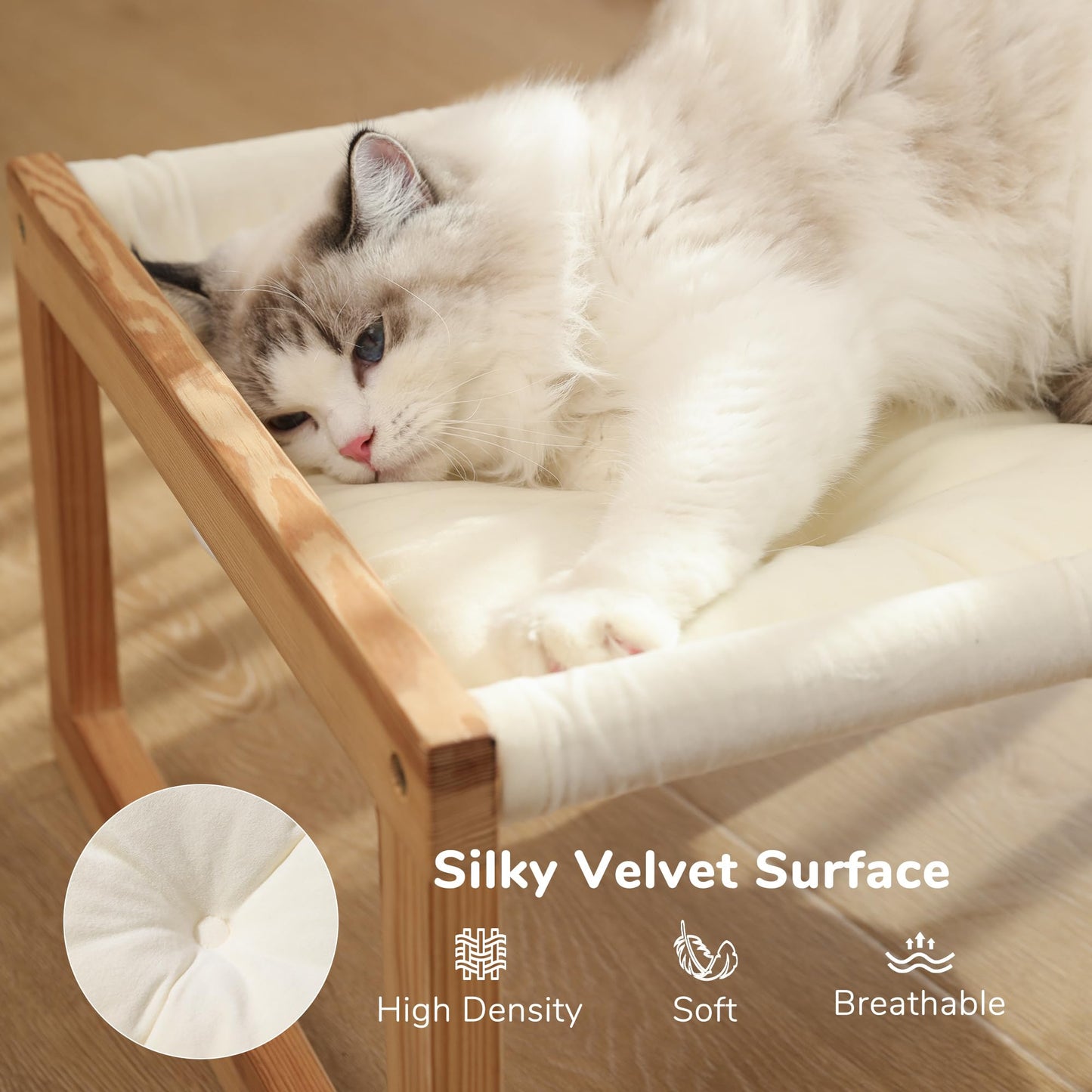 FUKUMARU Cat Bed with Removable Cover, Plush Velvet Couch for Indoor Cats, Wooden Feline Hammock, 21 x 16.5 Inch Kitten Sofa, Suitable for Kitty, Dog, Bunny and Small Animal, White