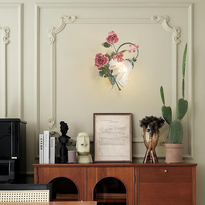 Vintage Floral Wall Sconce,Metal Wall Lamp with Glass Lampshade,Mounted Wall Lights for Bedroom Living Room Corridor Vanity Hallway E26 Wall Art Scones 40 * 40Cm Left