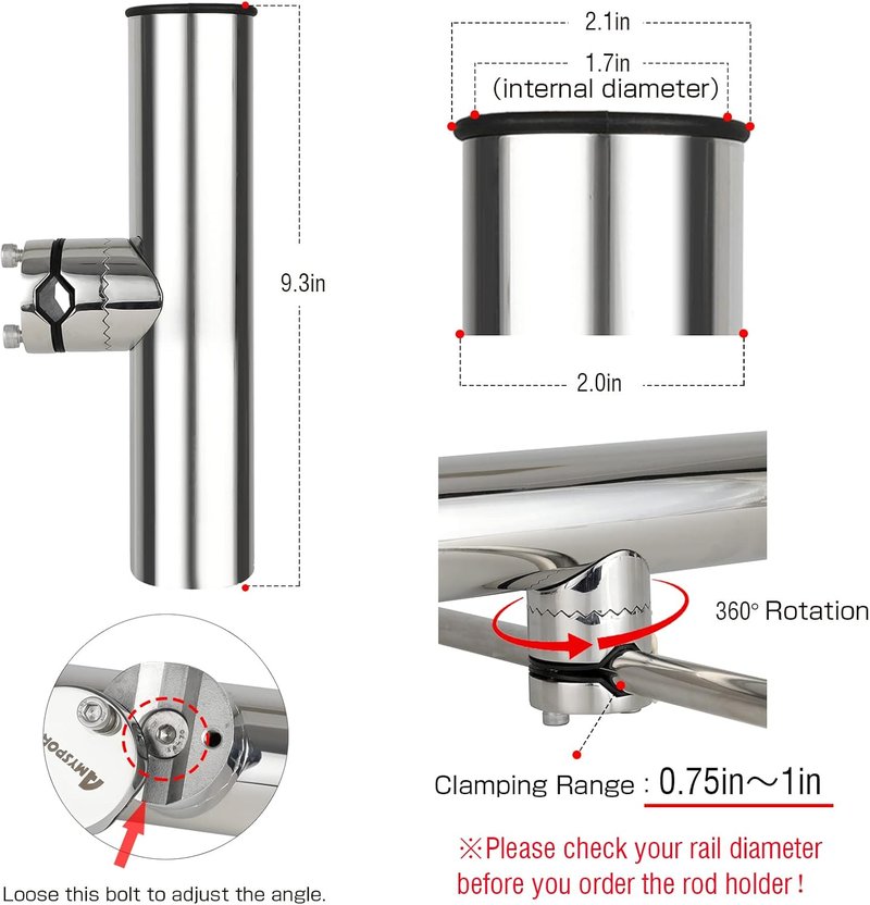 Rail Mount Rod Clamp Holders - Adjustable Stainless Steel Fishing Rod Holder for Kayak & Boat
